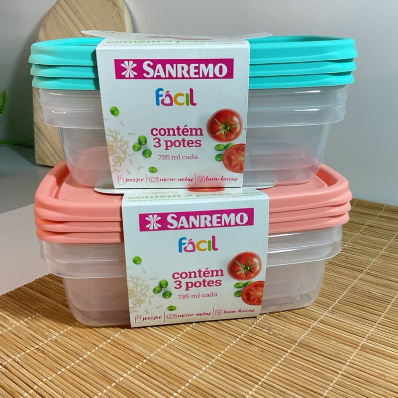 Conjunto com 6 Potes 785ml Plásticos Sanremo - KIT 3 POTES HERMÉTICOS 785ML