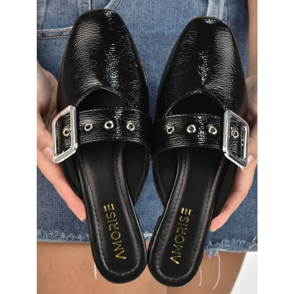 Mule Feminino Bico Quadrado Envernizado Confortável Com Fivela Tendência Blogueira Inverno