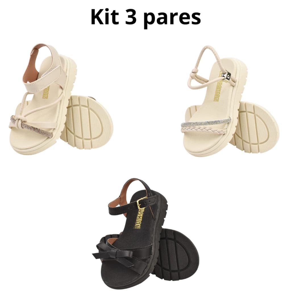 Kit 3 pares de sandália infantil feminina tratorada confortável com trança off com nó off e X preta