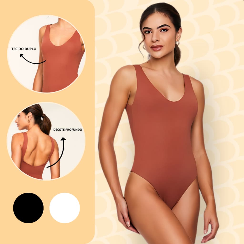 Body Feminino Casual| Cor sólida, decote profundo costas, sem manga, forro duplo