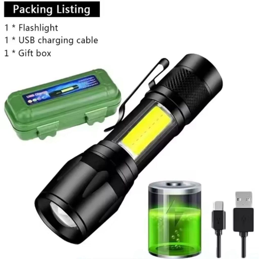 Mini Lanterna Recarregável USB, COB + XPE, Portátil, Bateria Embutida