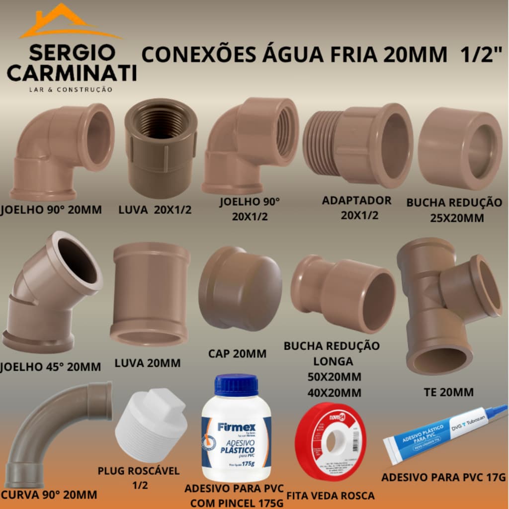 Conexões Tubo PVC 20MM Marrom Água Joelho 45° e 90°,Curva,Te,Luva,Adaptador,Luva LR,Bucha de Redução