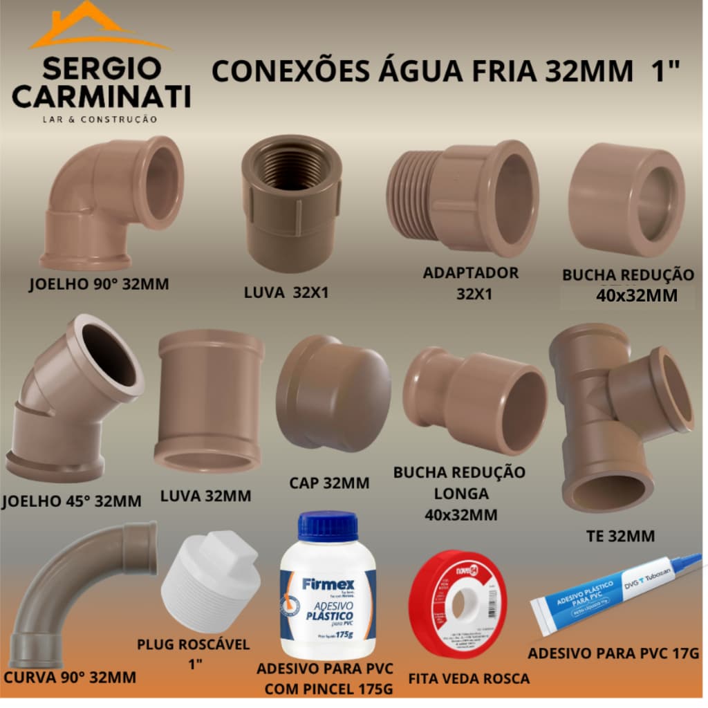 Conexões Tubo PVC 32MM Marrom Água Joelho 45° e 90°,Curva,Te,Luva,Adaptador,Luva LR,Bucha de Redução