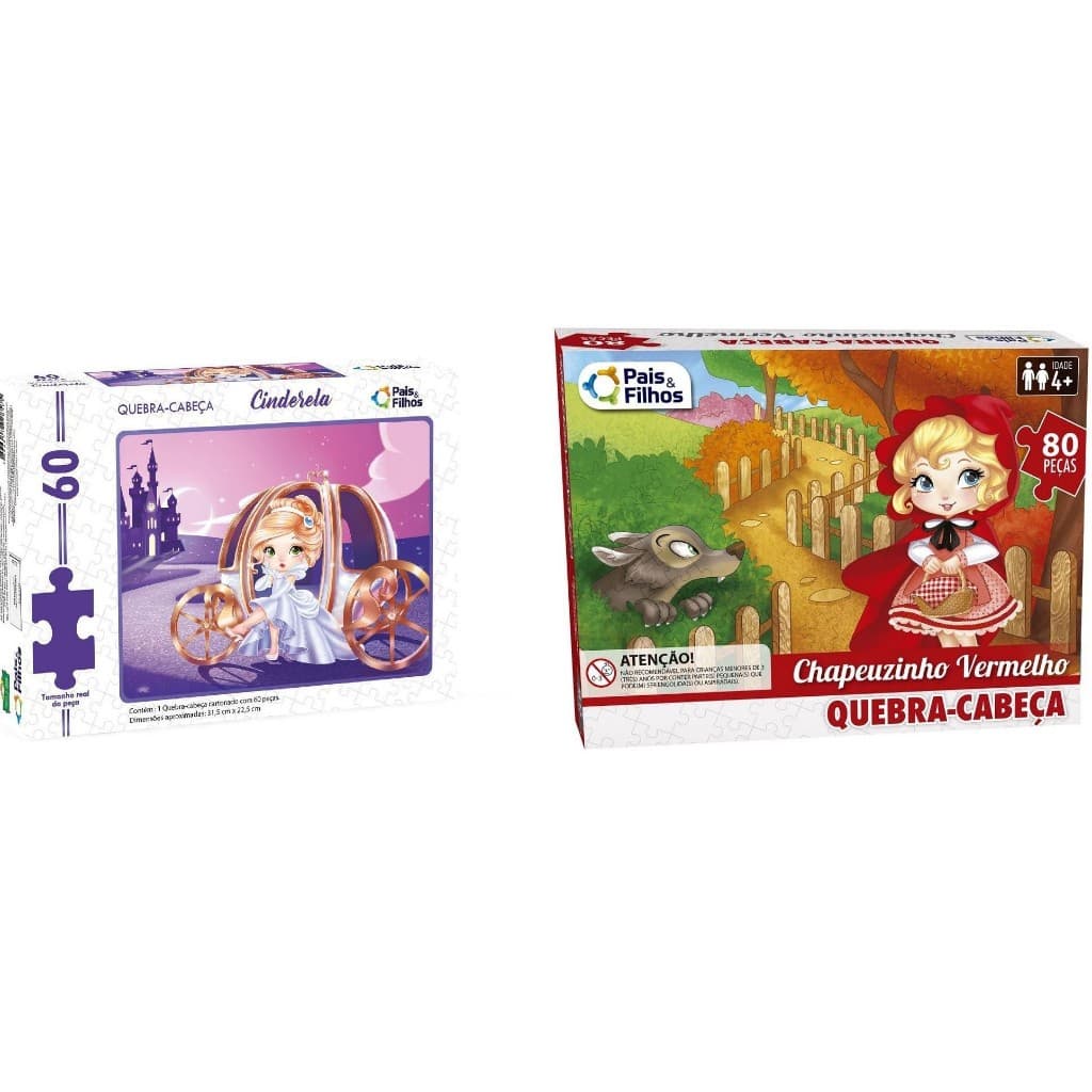 Kit Quebra-Cabeça Chapeuzinho Vermelho 80 peças + Cinderela 60 peças- Pais e Filhos