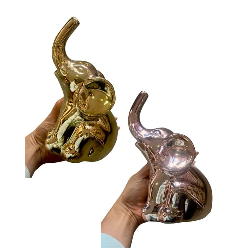 Enfeite Elefante Cofre Decorativo Metalizado em Porcelana Presente Encantador 19cm