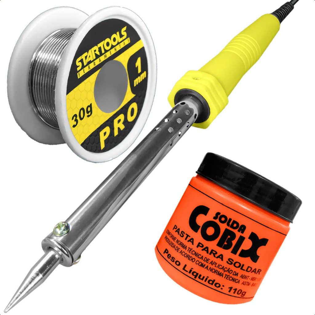 Ferro de Solda 220V 60W Profissional com Estanho 30g + Pasta Solda Alta Qualidade