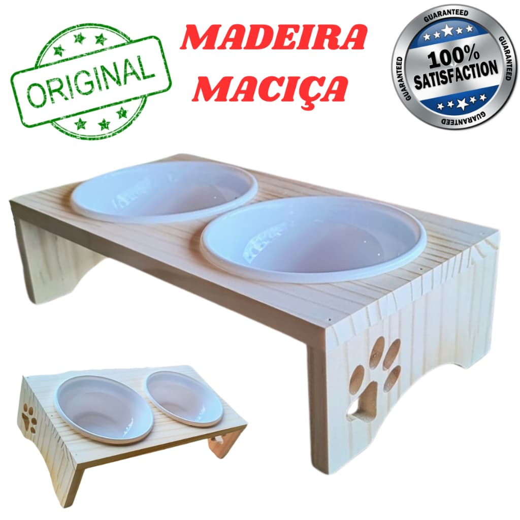 comedourobebedouro duplo  pet  elevado para cães e gatos madeira maciça pinus