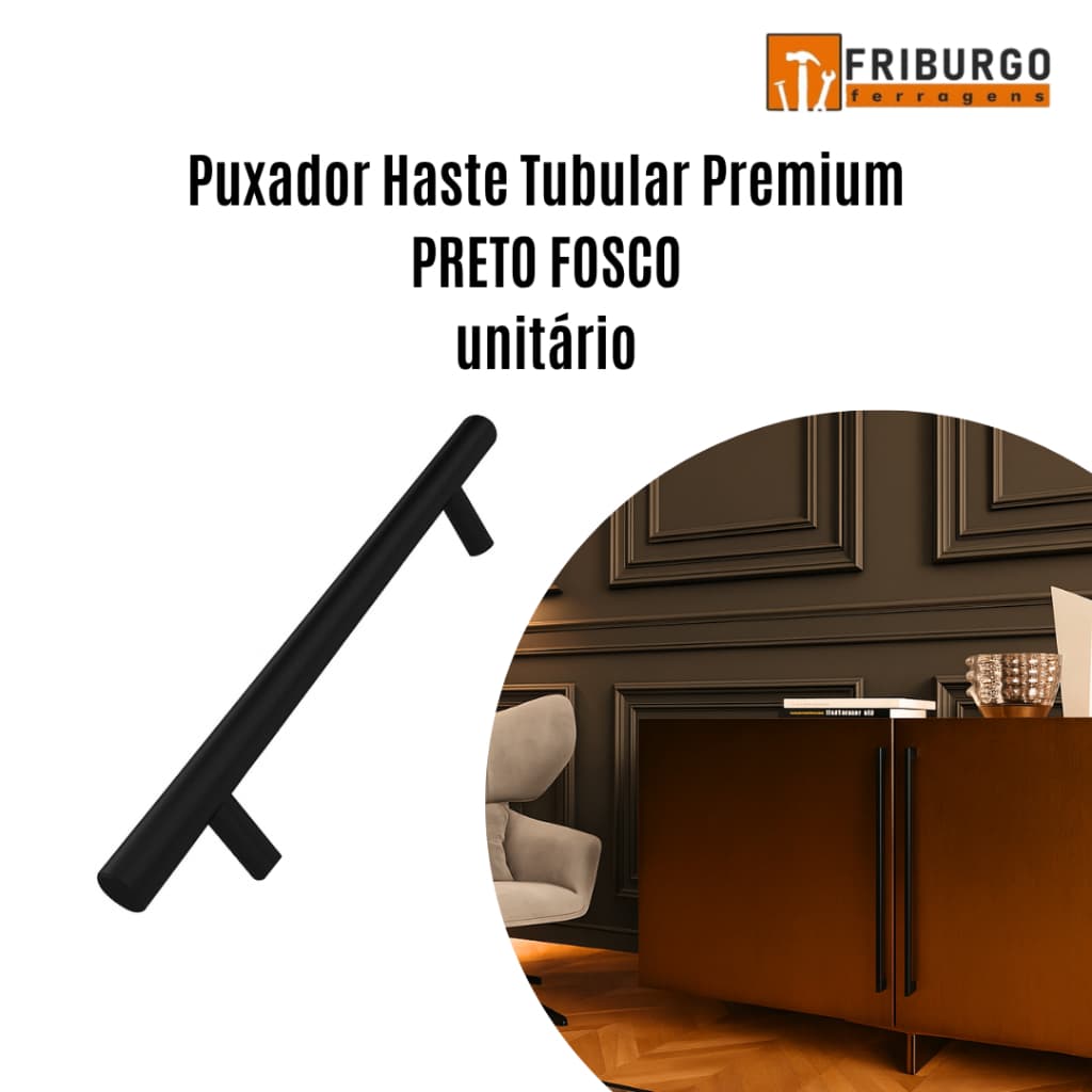 Puxador Haste Tubular Premium PRETO FOSCO 1 unidade - italy line - IL814 - Vários TAMANHOS