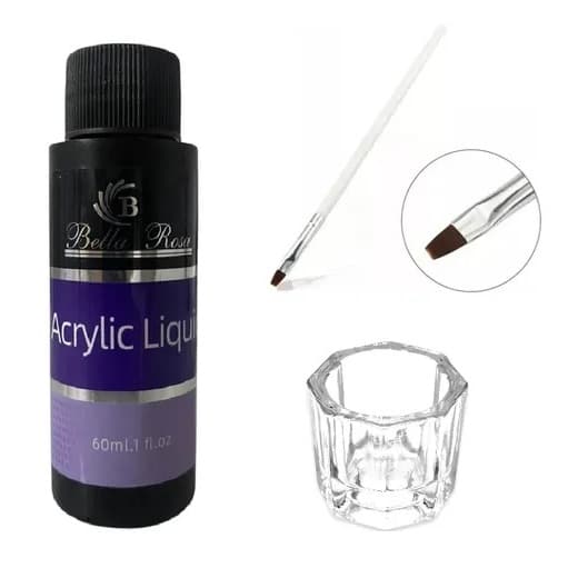 Kit Monomer Liquido Acrilico + Pincel P/ Gel + Copo Dappen Acrigel Kit Unhas Alongamento