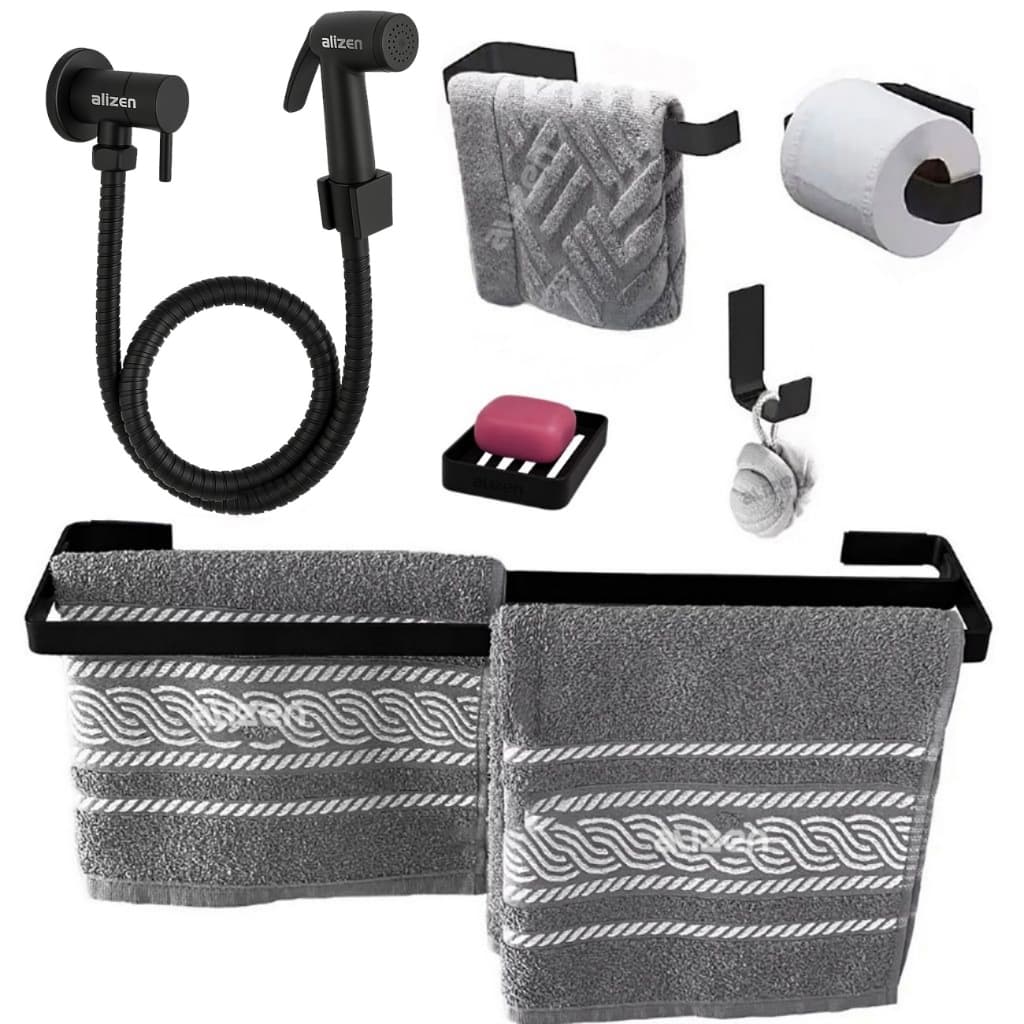 Kit Acessórios Banheiro Preto Toalheiro Duplo Ducha Higiênica Suporte Saboneteira