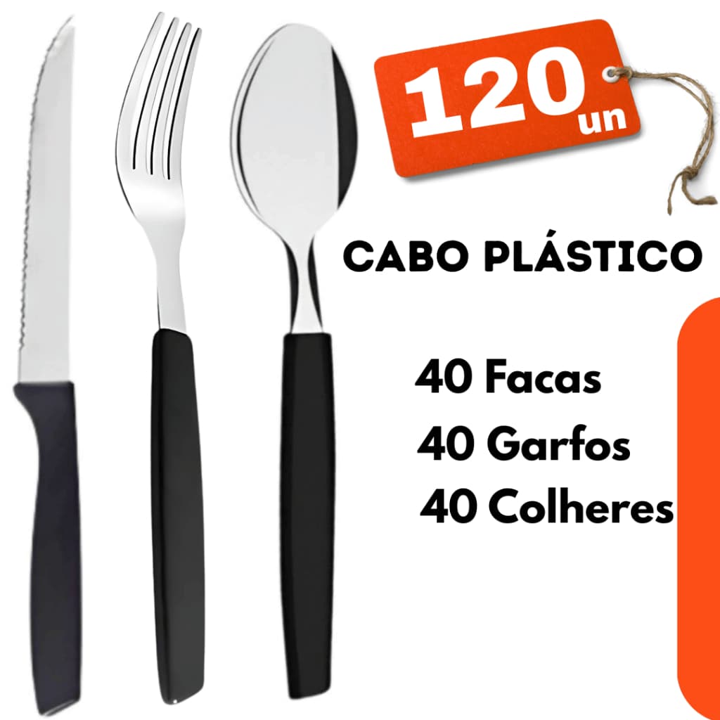 Kit com 120 Talheres Facas, Garfo, Colher PRETO - Inox E Plástico P/ Cozinha, Festas, Buffet, Restaurantes.