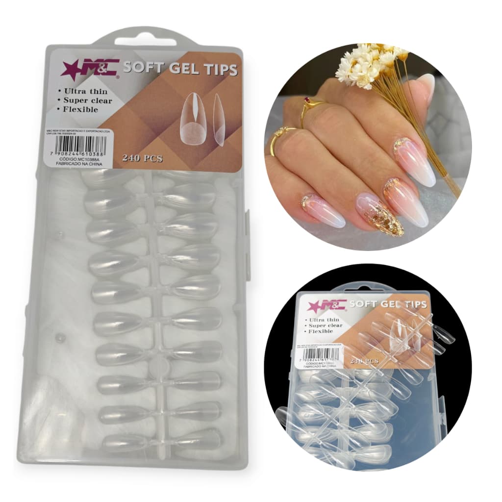 Kit Unhas Soft Gel Almond Medium Amendoada Elegante 240un Transparente Flexivel