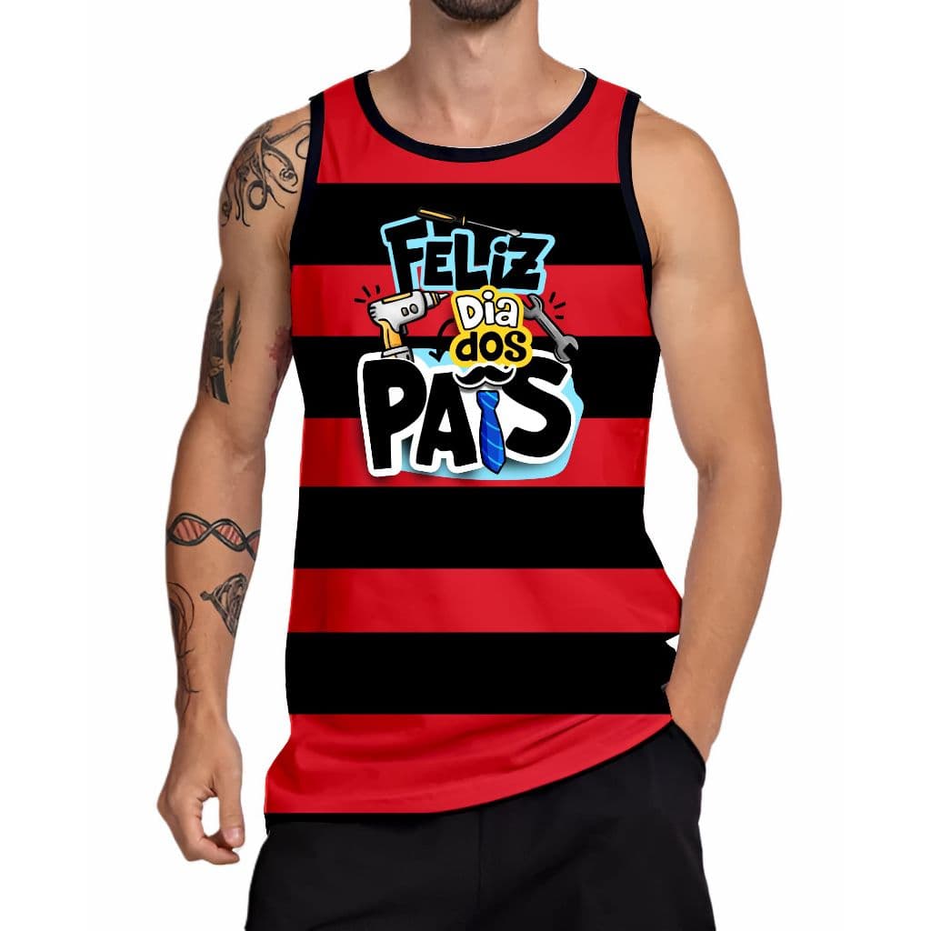 Camiseta Regata sem manga Poliéster Feliz dia dos Pais Vermelha e Preta