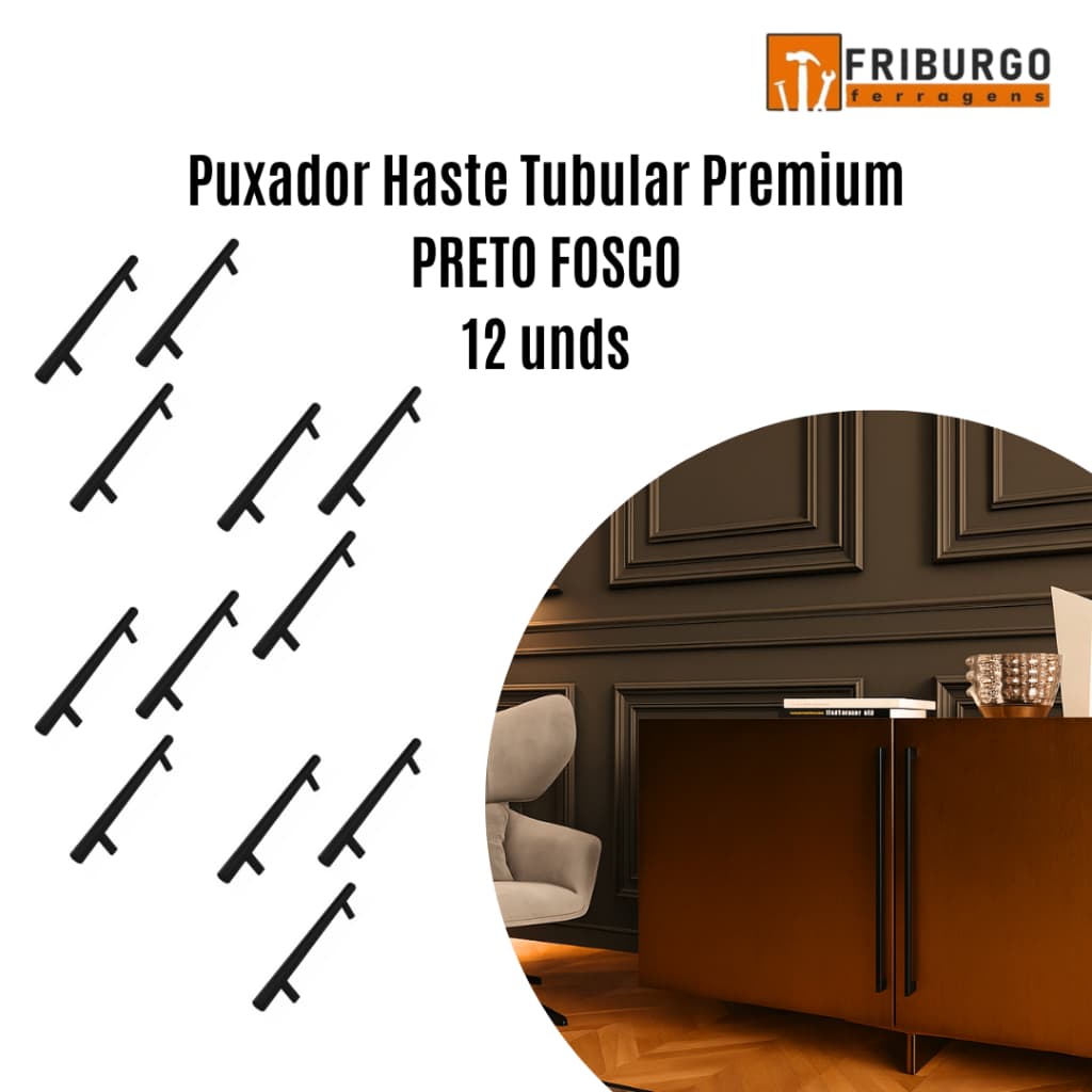Puxador Haste Tubular Premium PRETO FOSCO 12 unidades - italy line - IL814 - Vários TAMANHOS