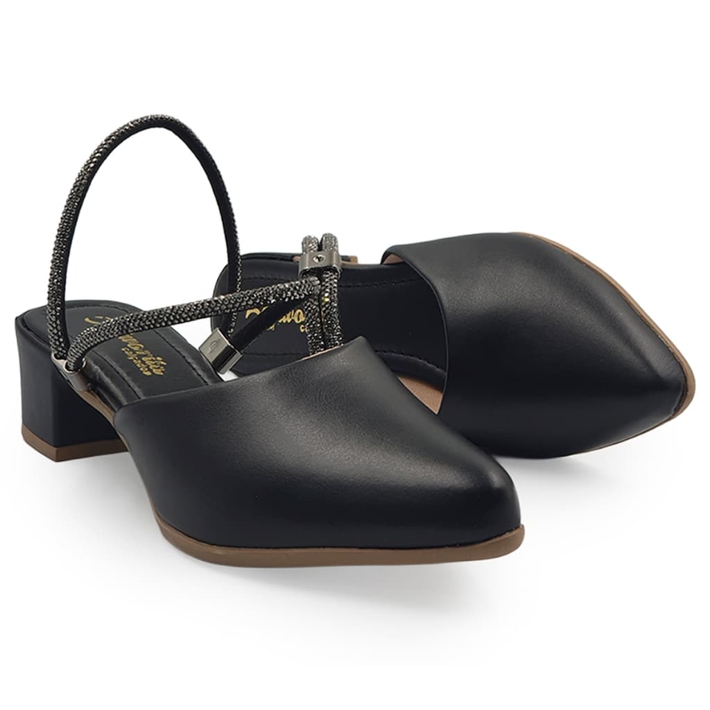 Scarpin 2 em 1 Mule Strass Salto Médio Pedraria Tornozeleira Tamanco Feminino Bico Fino