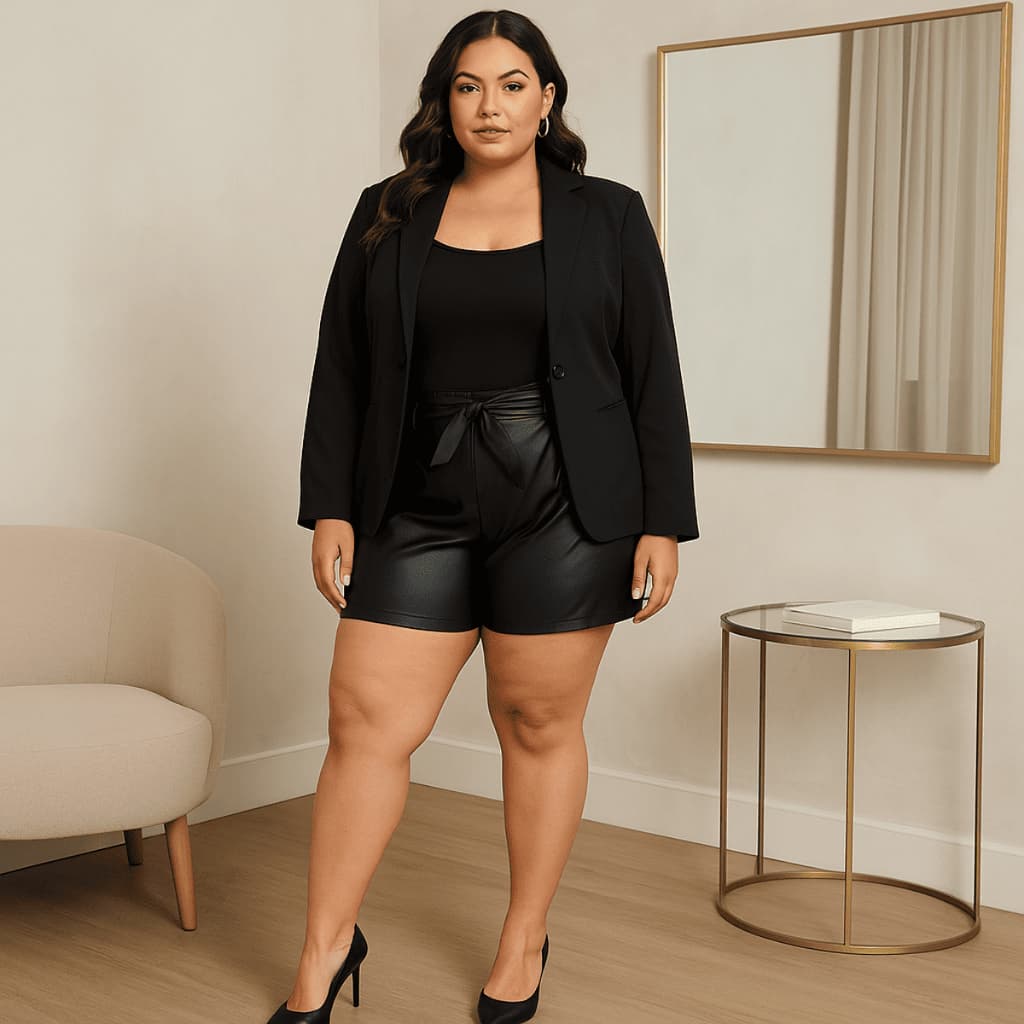 Shorts Courinho Fake Amarração Bermuda Preta Couro Plus size G1 ao G3