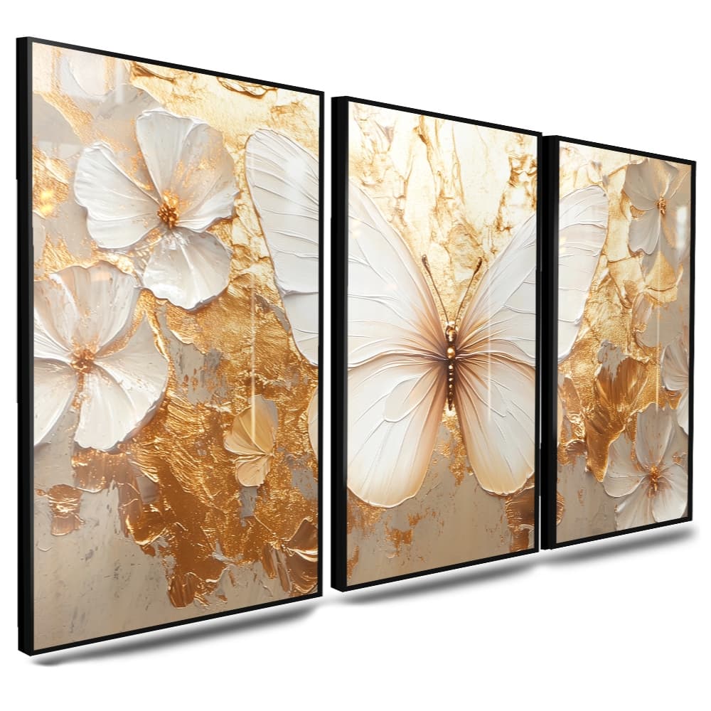 Quadros Decorativos Elegante Borboleta E Flores Douradas Folhas de Ouro Abstrato
