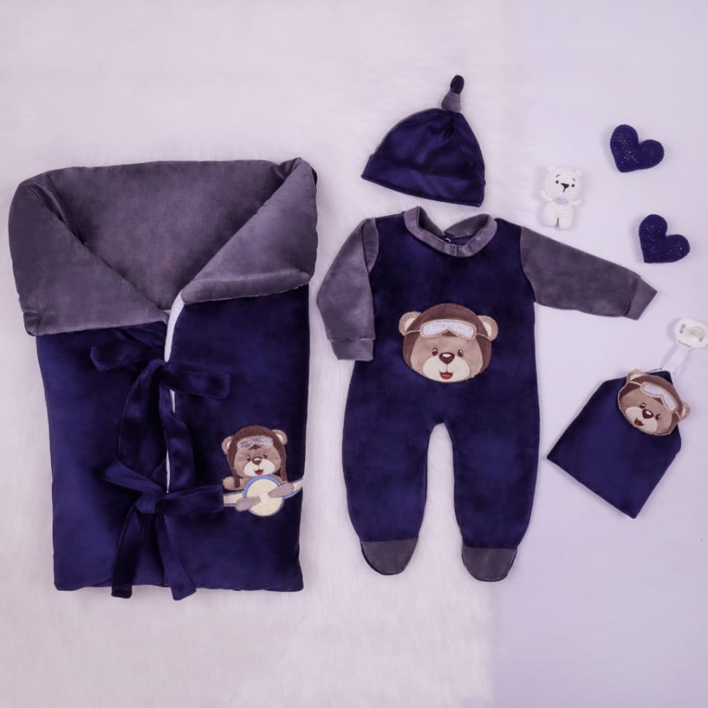 Saida Maternidade Bebê Menino Saco De Dormir Urso Aviador em Plush Marinho e Cinza Luxo 4 Peças