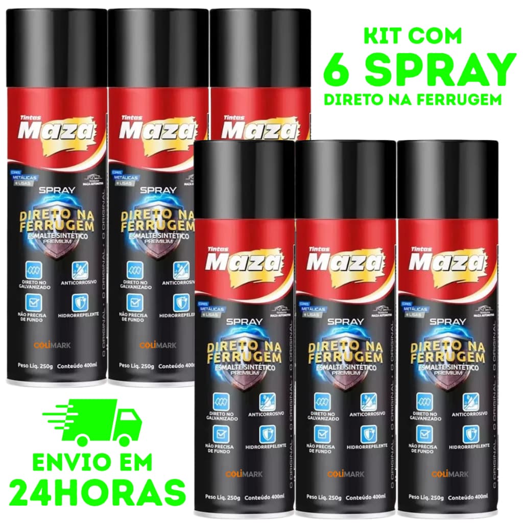 Kit 6 Spray Maza Esmalte Sintético Direto na Ferrugem 400ml - Todas as Cores Disponiveis