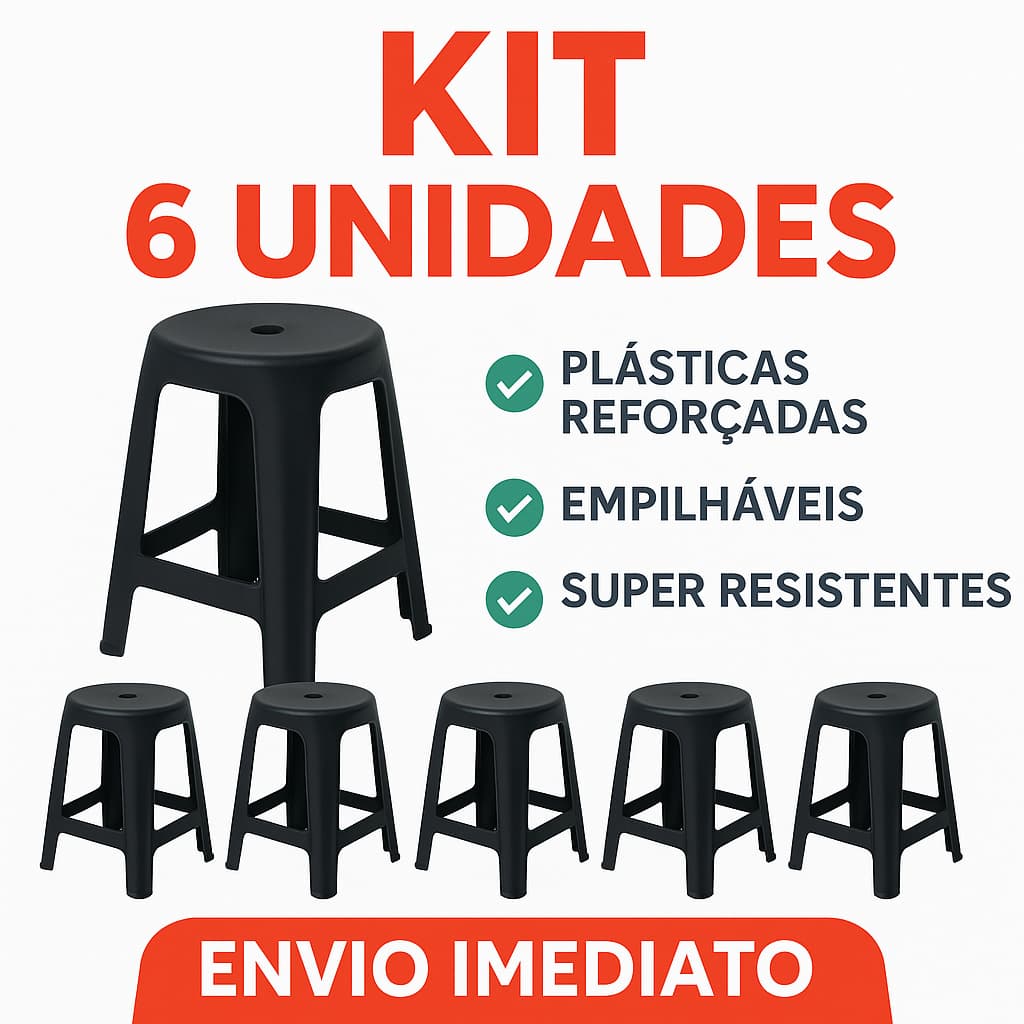 Kit 6 Banquetas Pretas Plástica Reforçada | Banco Resistente Empilhável PROMOÇÃO