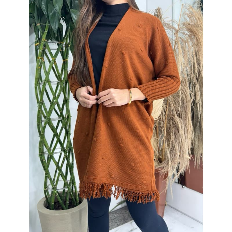 Cardigan Poncho manga comprida frio feminina Tricot Caramelo franja pompom inverno