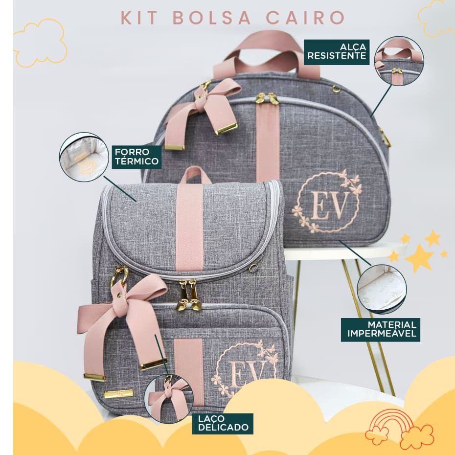 Kit Maternidade 2 Peças Bolsa e Mochila Personalizado Térmica Impermeável, Coleção Cairo