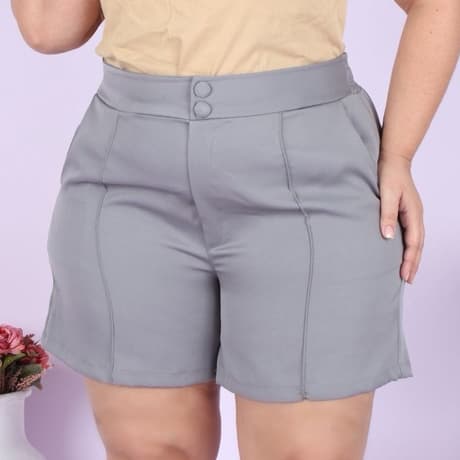 Short Plus Size Alfaitaria Moda Verão Casual Confortável Atemporal Elegante Classico Botão Coberto Elastico Embutido