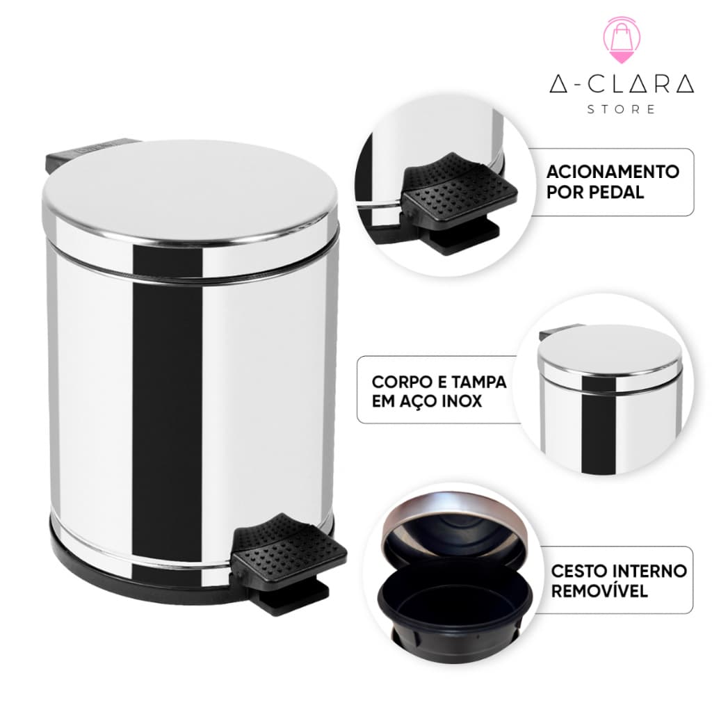 Lixo Lixeira de Aço Inox com Pedal Balde e Cesto Removível 5L para Banheiro Cozinha e Escritório