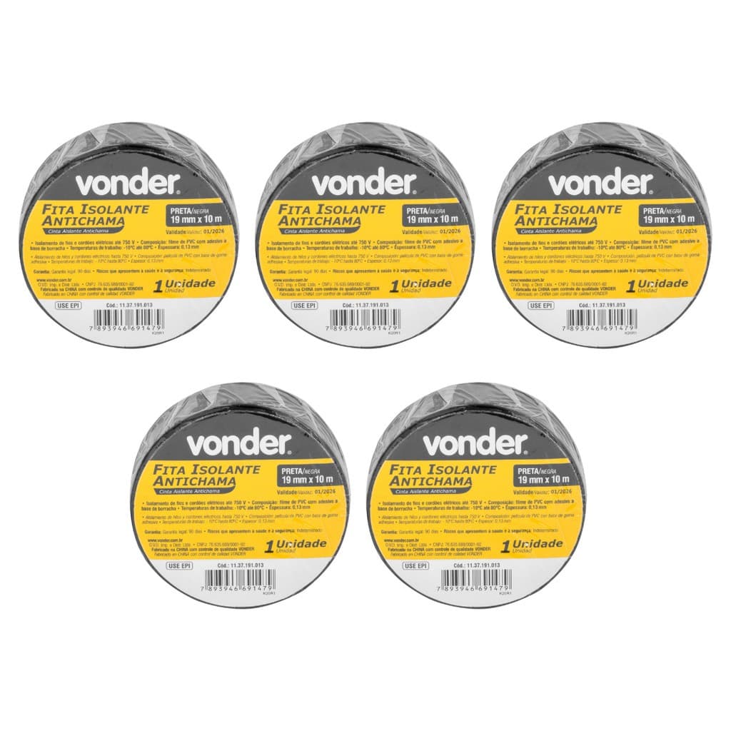 Kit 5 Fitas Isolante Anti Chama Preta de 10 Metros - Vonder