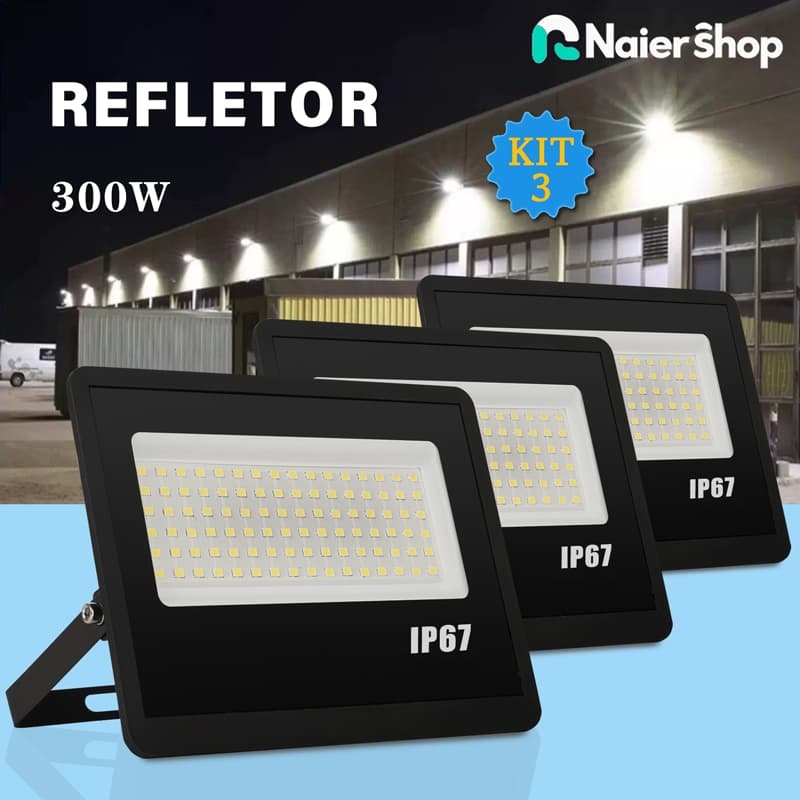 Kit 3 Refletor LED de 300W Holofote com Luz Frio e Bivolt Luminária adequada para iluminação IP67