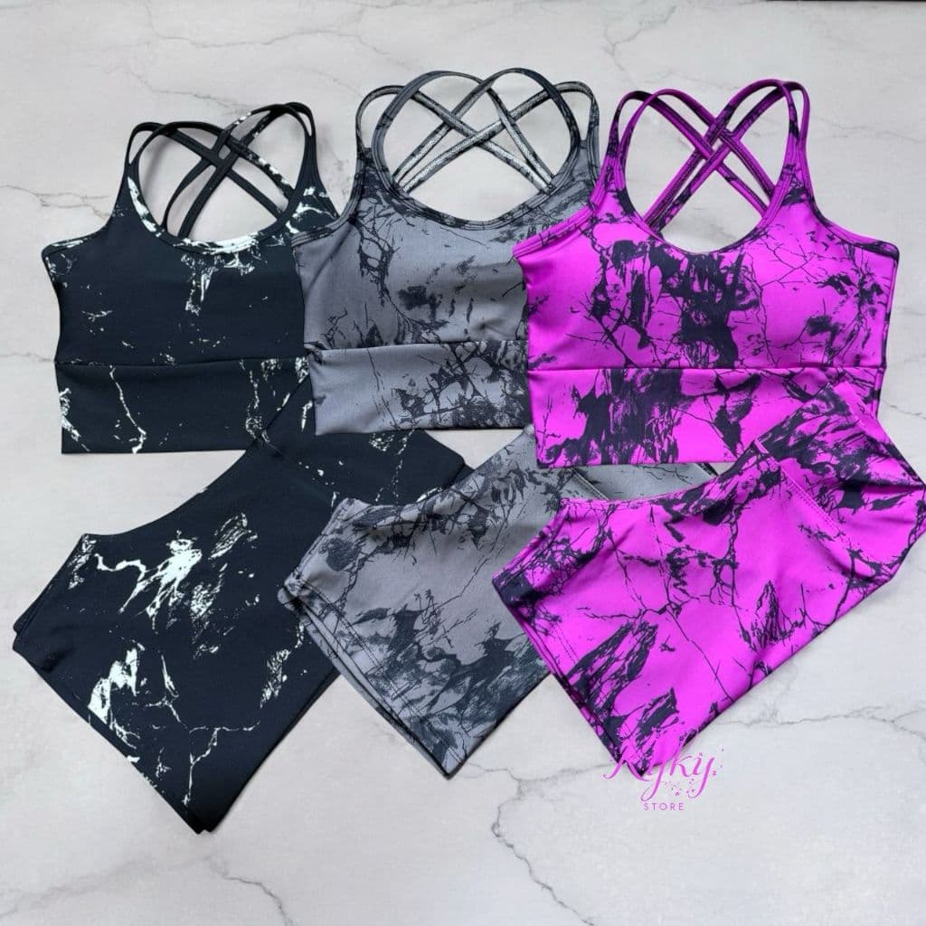 Kit 3 Conjuntos Marmorizado Top Trançado Bojo Shorts Meia Coxa Roupa Academia Fitness Femini Tie Dye