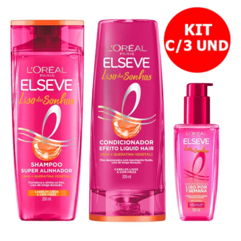 KIT ELSEVE 3 ITENS LISO DOS SONHOS C/1 SHAMPOO 200ML + 1 COND 200ML + 1 SERUM LEAVE-IN 100ML