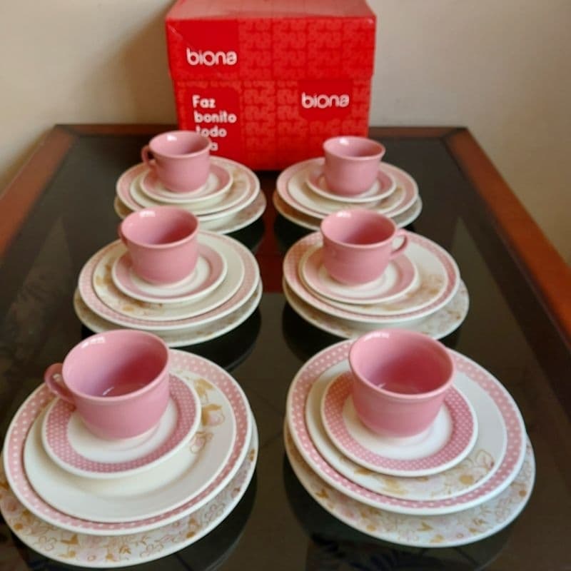 Aparelho de Jantar Chá 30 Peças Biona - Cerâmica Redondo Rosa Donna