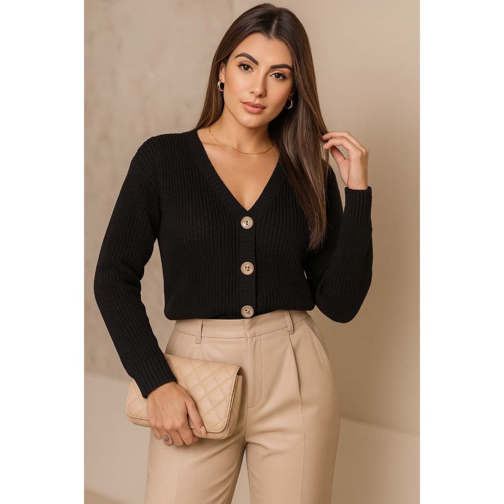 Blusa de Tricô Blusa Manga Longa Feminina Cropped de Tricot Manga Longa Casaco Preto Feminino