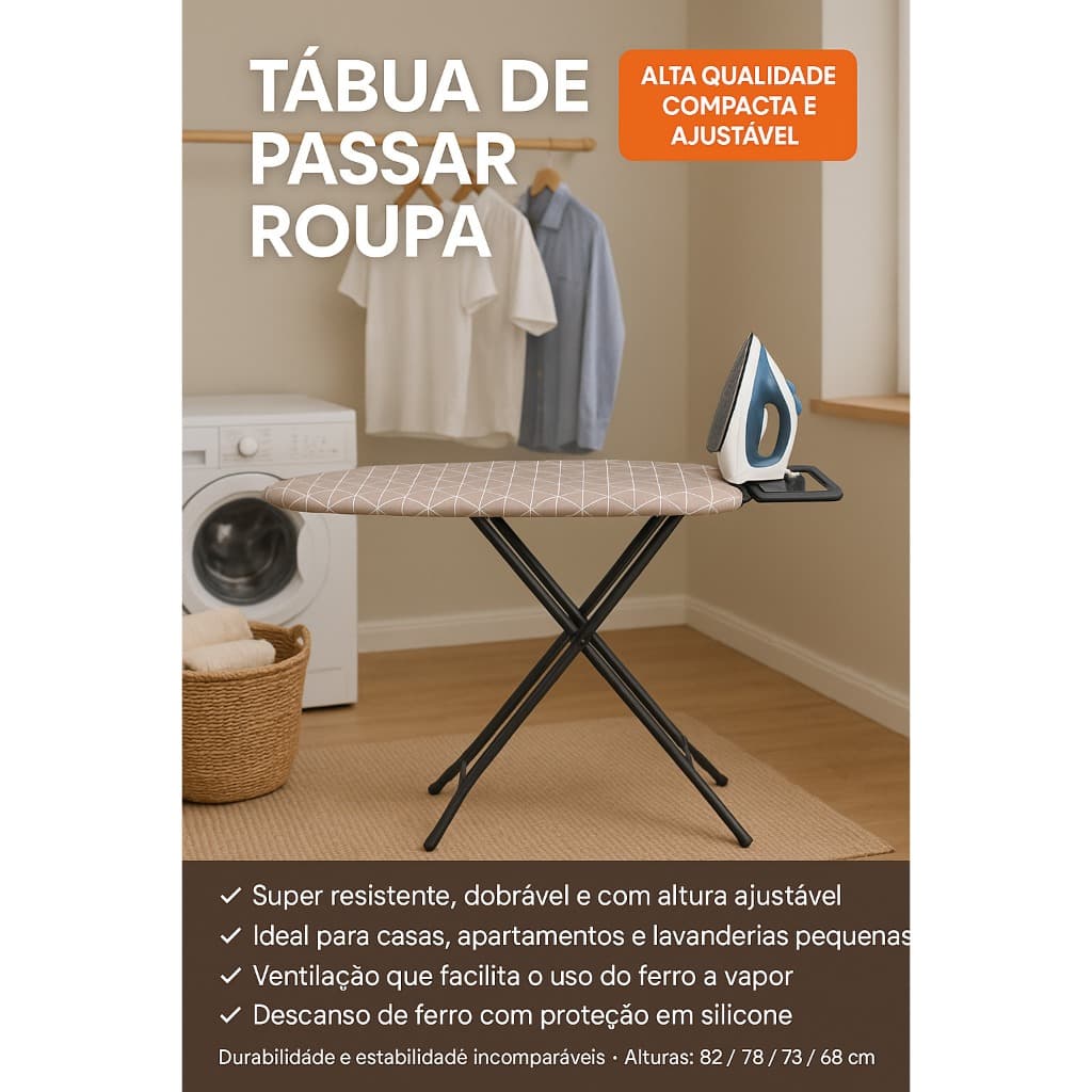 Tábua de Passar Roupa Aço Carbono Dobrável Altura Ajustável, Resistente Suporte Ferro Base Ventilada