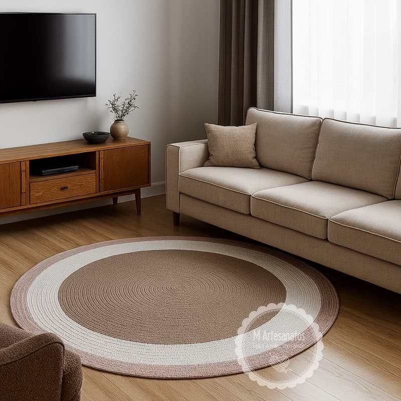 Tapete redondo de crochê tons terrosos decoração sala quarto