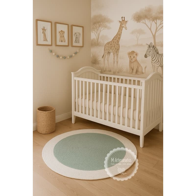 Tapete redondo de crochê quarto bebê infantil tema Safari verde e off white