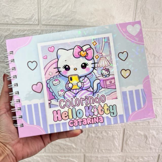 Livro de Colorir Hello Kitty Personalizado – Capa Dura com Nome + 50 Desenhos Fofos e Exclusivos! Envio Rápido Artesanal