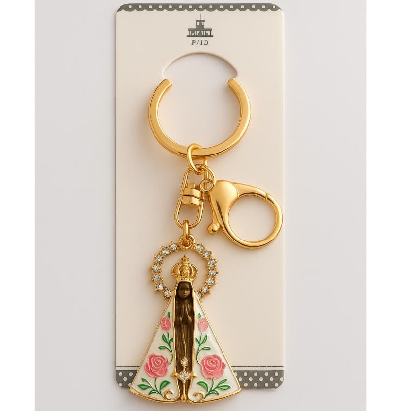 Chaveiro Mosquetão católico - Nossa Senhora de Nazaré com Resplendor Cravejado + necesser