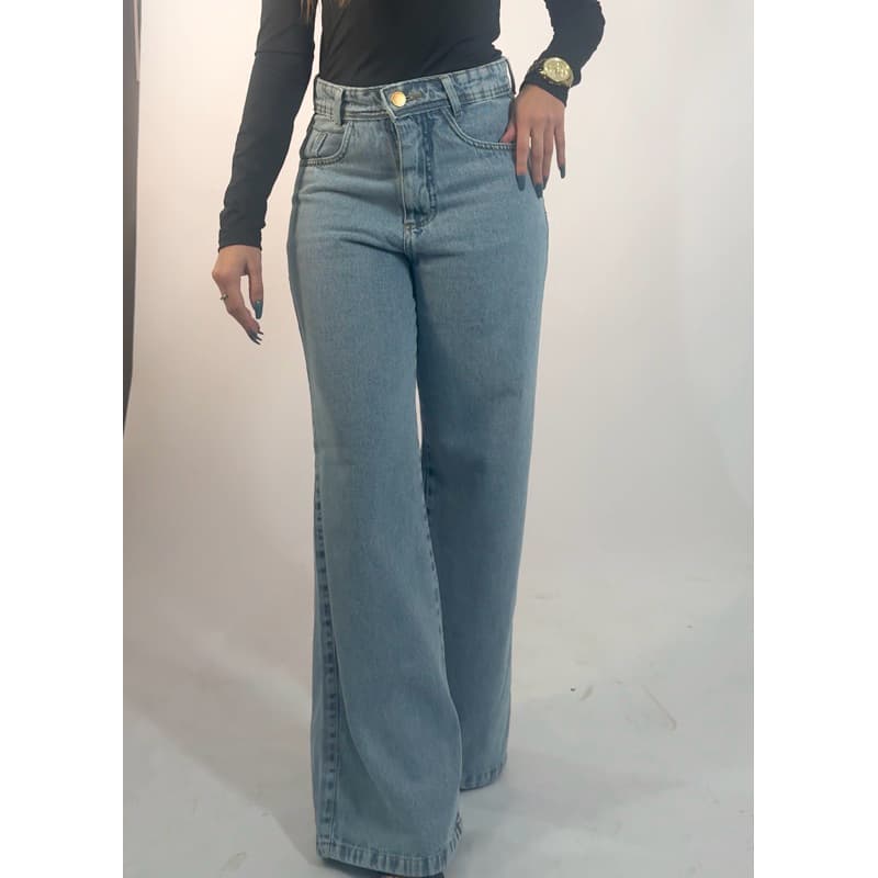 Calça Jeans Wide Leg Feminina Cintura Alta Azul Claro Estilo Confortável com Bolsos