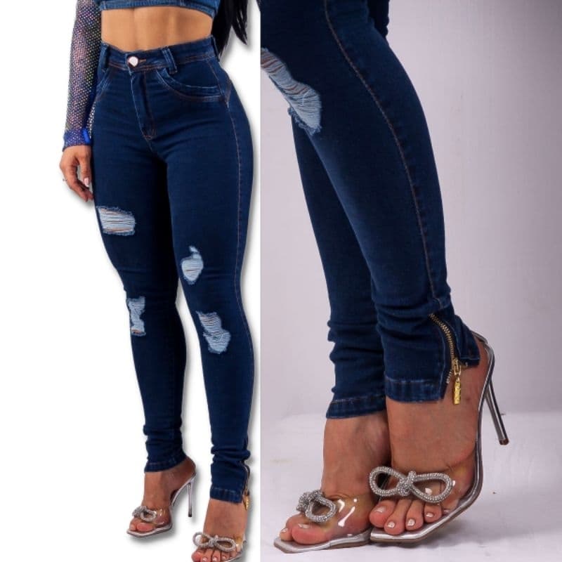 Calça Jeans Modeladora Feminina Detalhe Zíper Na Barra Lançamento Cós Alto Com Cinto Empina Bumbum Com Lycra  Country