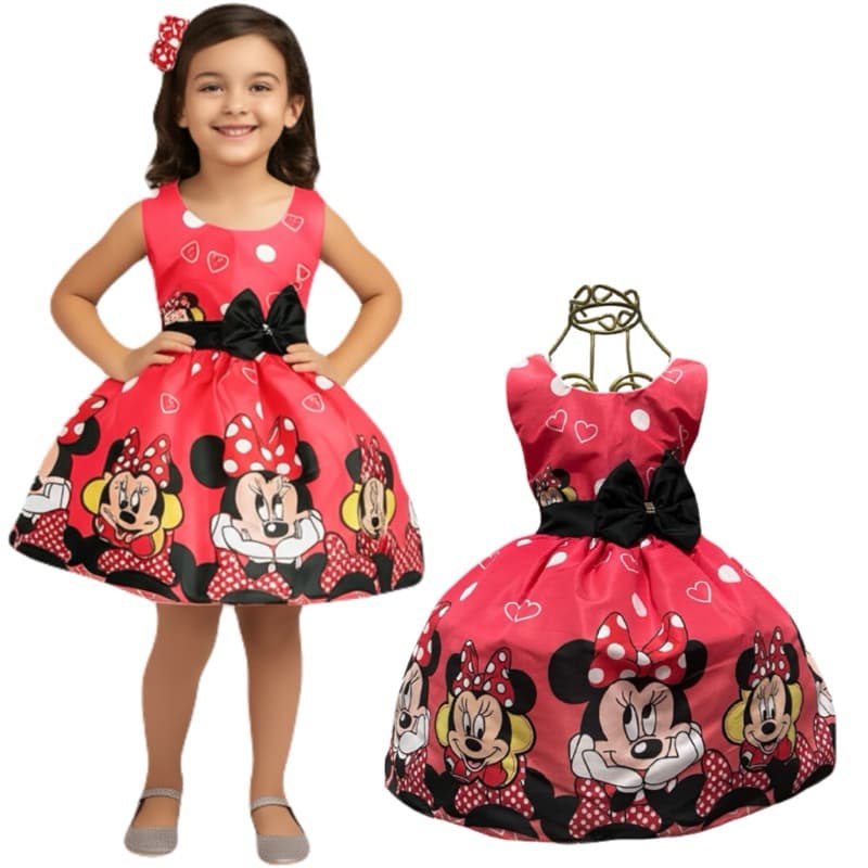Vestido Infantil MINNIE VERMELHO E MINNIE ROSA Temático 8 meses a 7 anos