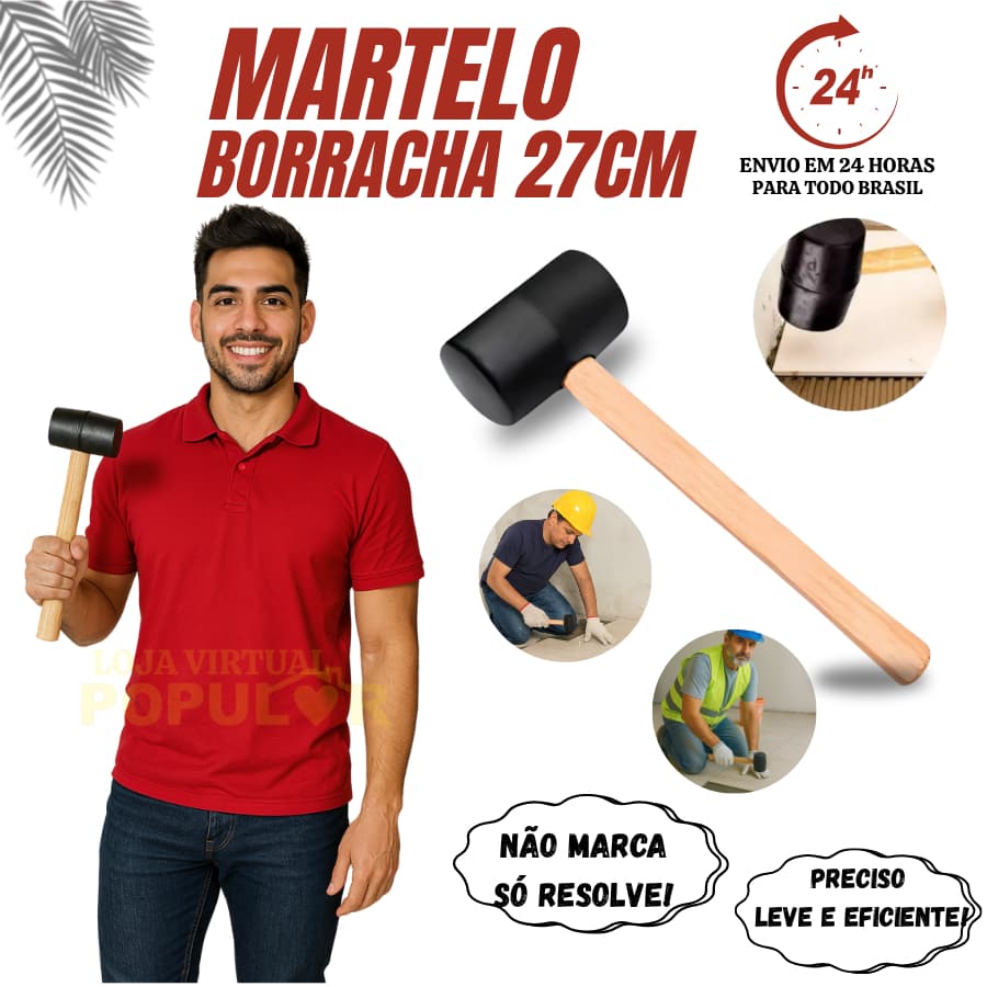 Martelo De Borracha Preta 45MM 27CM 310G Cabo Madeira STARTOOLS
