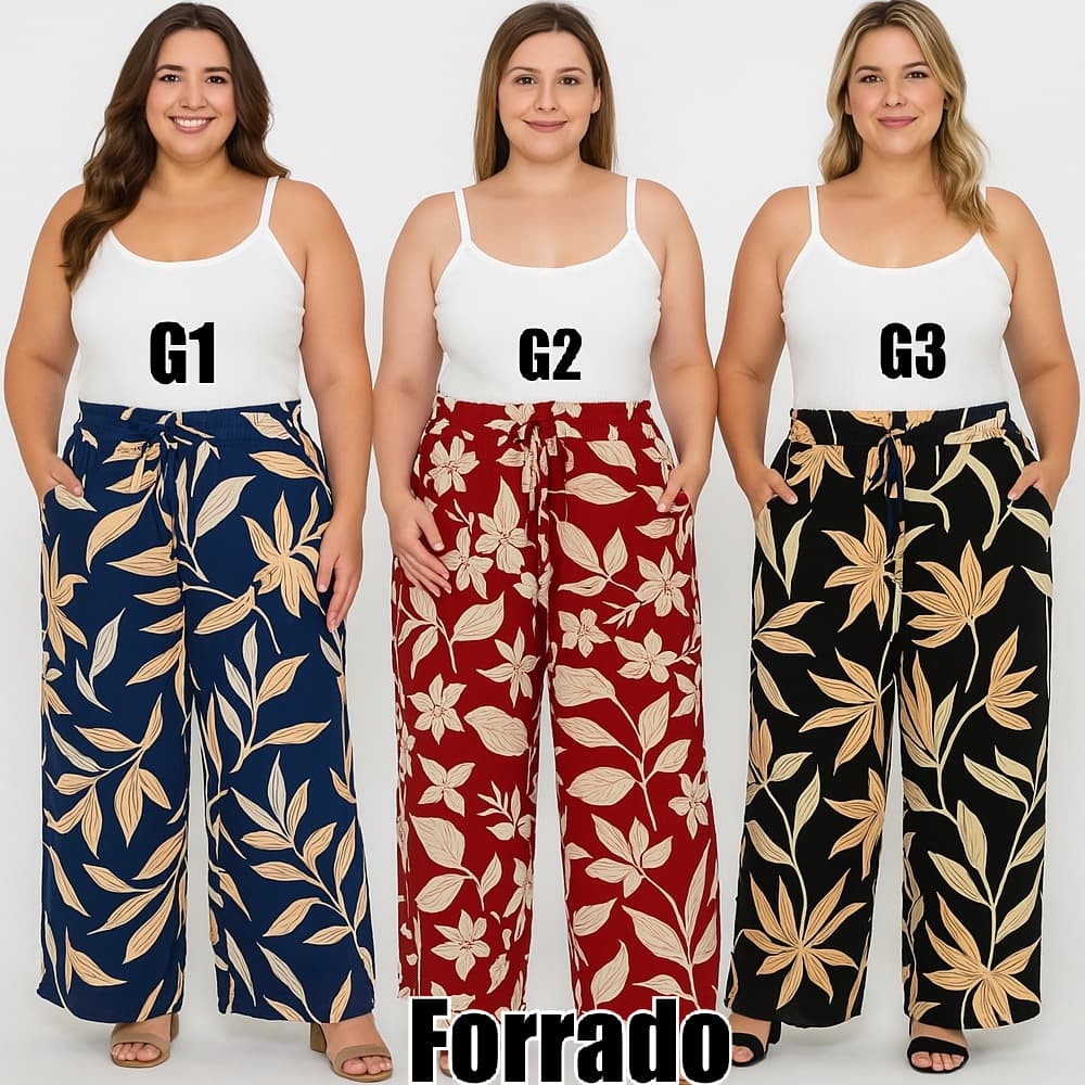 Calça pantalona feminina plus size estampada floral flor com elastico cintura alta Premiun G1 G2
