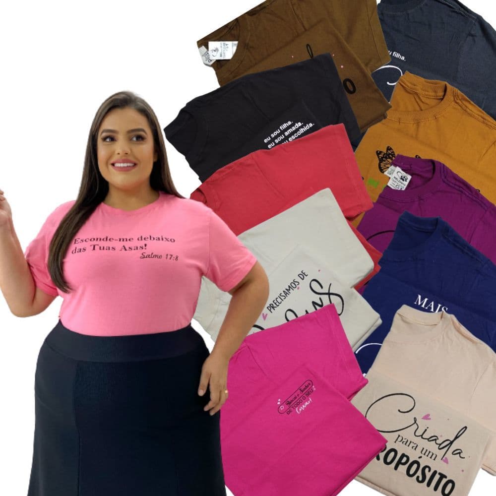 Kit com 3 Blusas T-shirt Plus Size Feminina de Algodão fio 30 Frases Baby Look