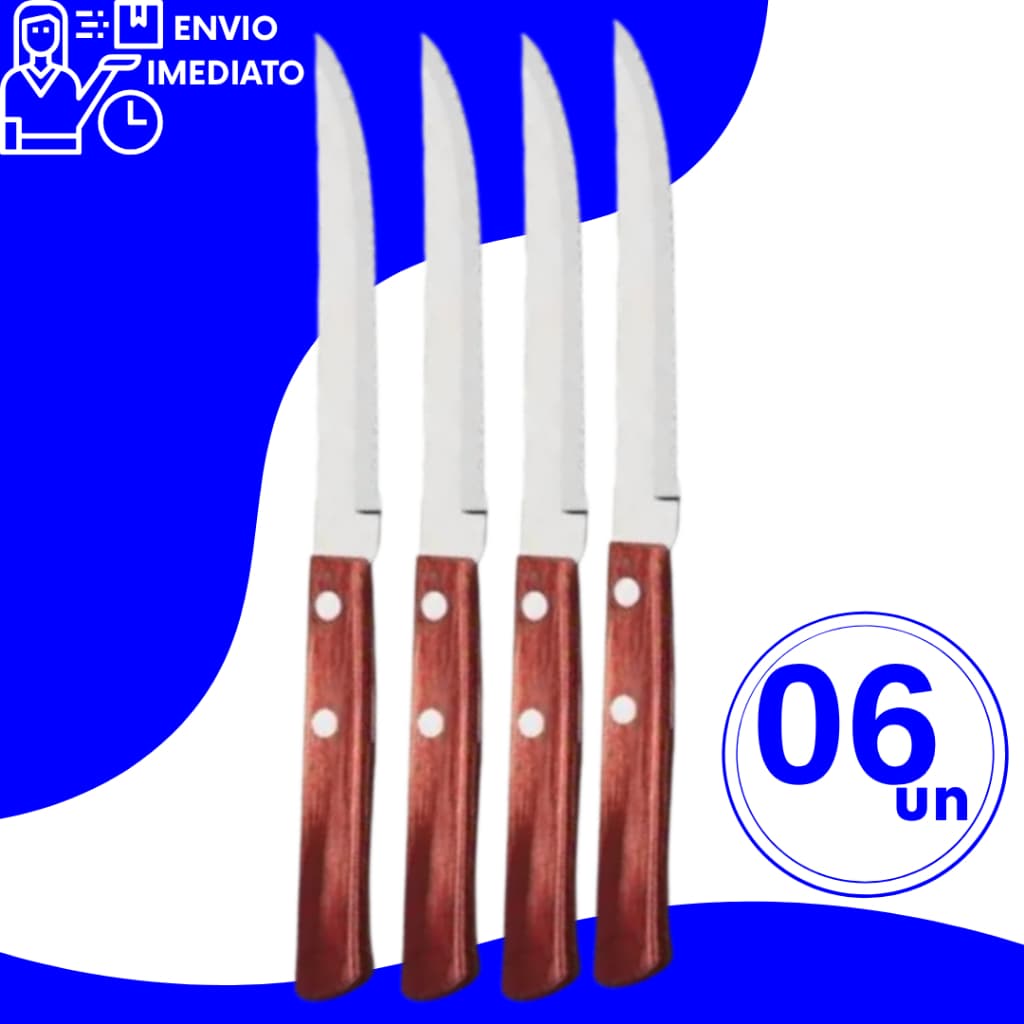 Kit Faca de Cozinha Serra Serrilha Aço Inox Cabo Madeira Resistente Talher para Casa Restaurantes