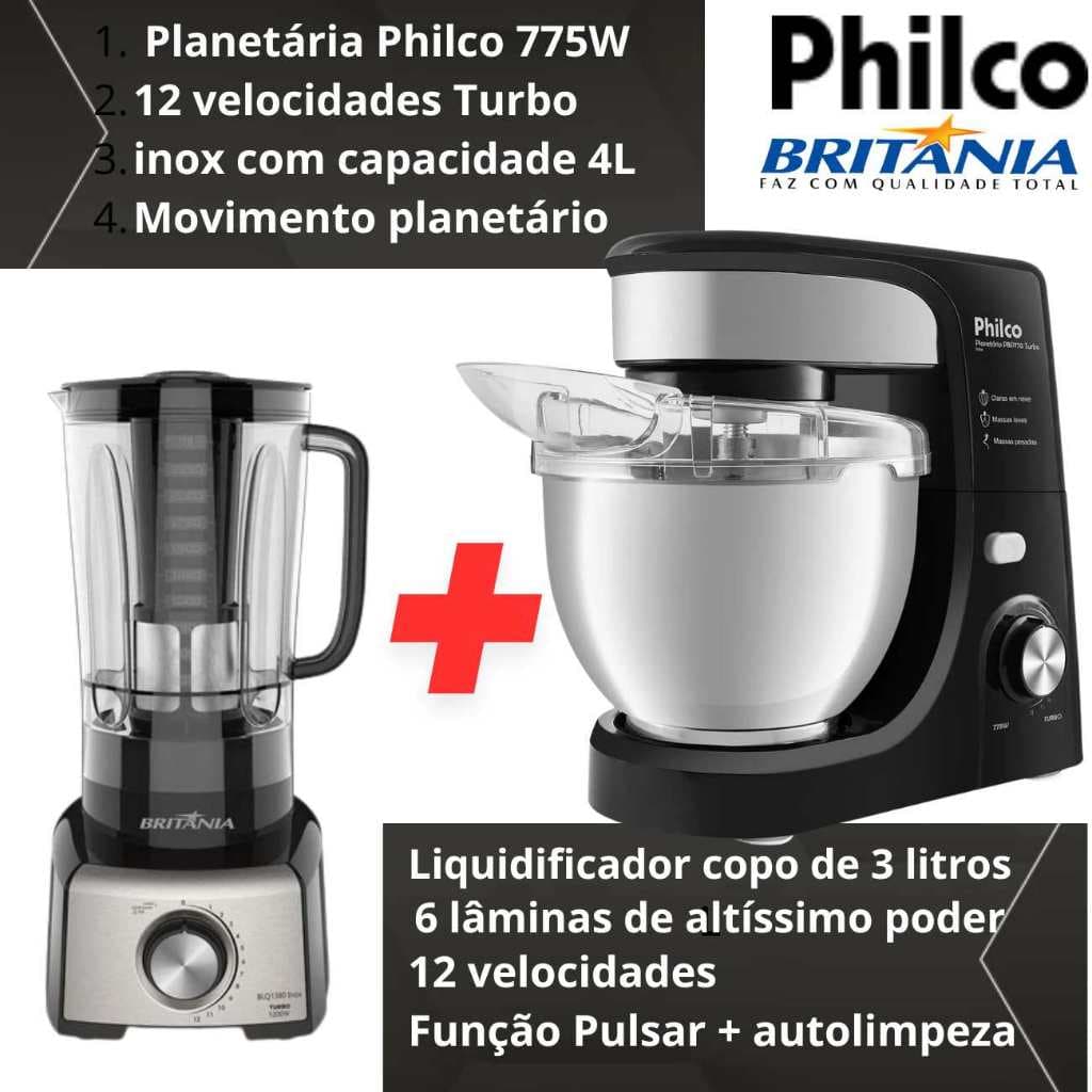 Kit Batedeira Planetaria Philco Inox + Liquidificador Britânia1200w