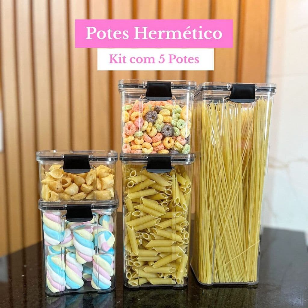 Kit de Potes Plástico Hermético Luxo com Tampa Vedação, Armazenar Alimentos - 5 tamanhos