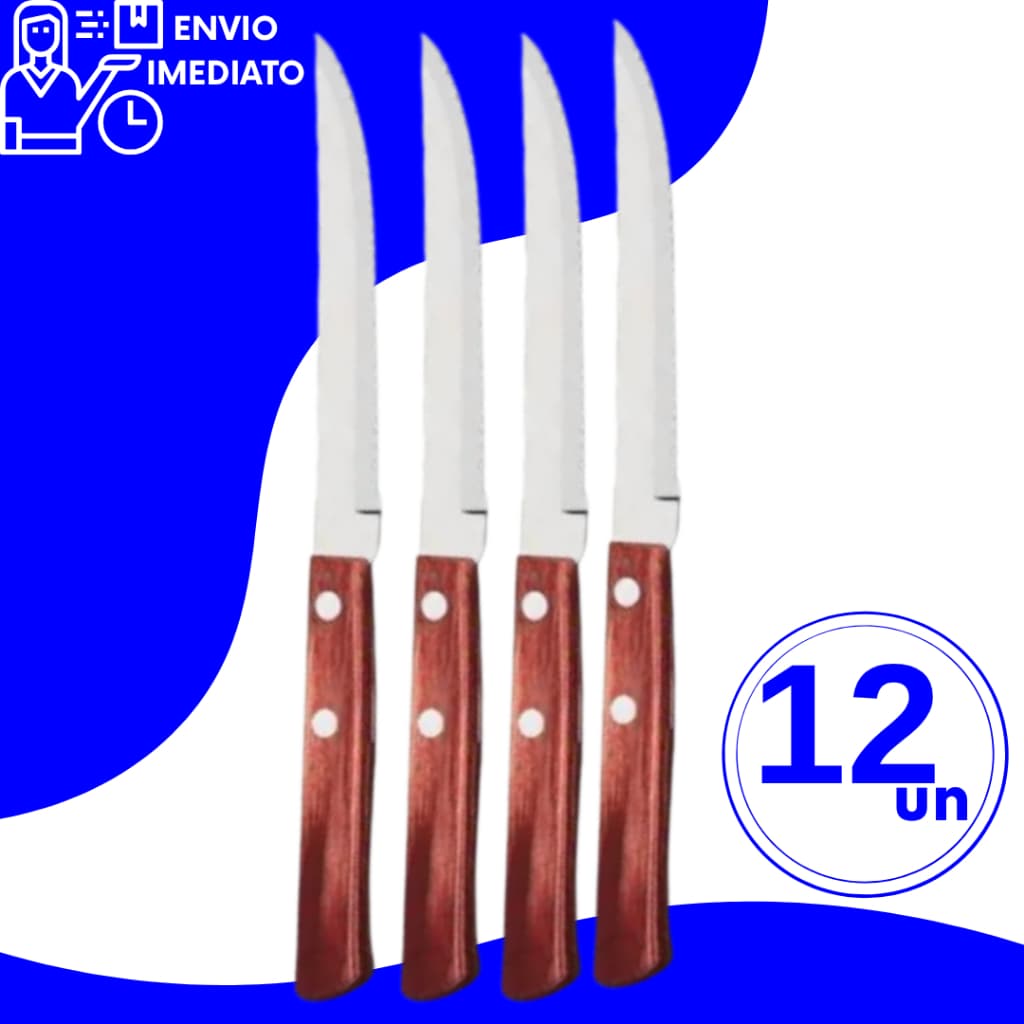 Kit Faca de Cozinha Serra Serrinha Aço Inox Cabo Madeira Resistente Talher para Restaurantes