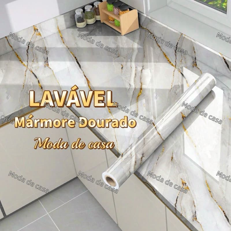 papel de parede Adesivos Brilante Lavável Mármore Dourado 4.5 Metro x 60cm Resistente a Agua/Óleo material lavável